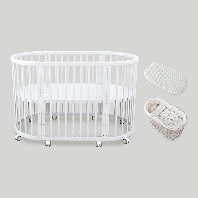 Oval Solid Wood Crib Nordic Style 5-In-1 Convertible Crib with Casters