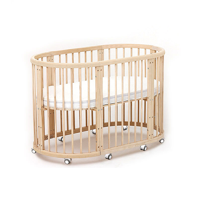 Oval Solid Wood Crib Nordic Style 5-In-1 Convertible Crib with Casters