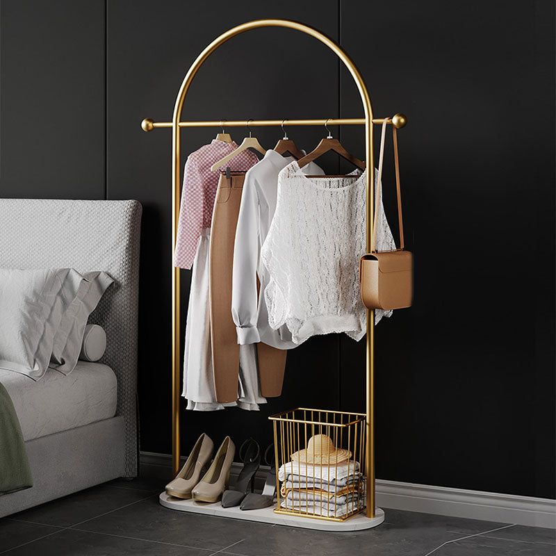 Glam Entry Hall Tree Metal Hanging Rail Storage Basket and 2 Hooks Coat Rack