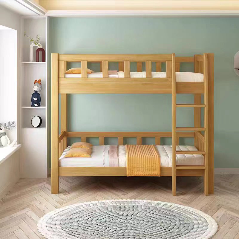 Natural Bunk Bed Solid Wood Bed with Guardrail and Built-In Ladder