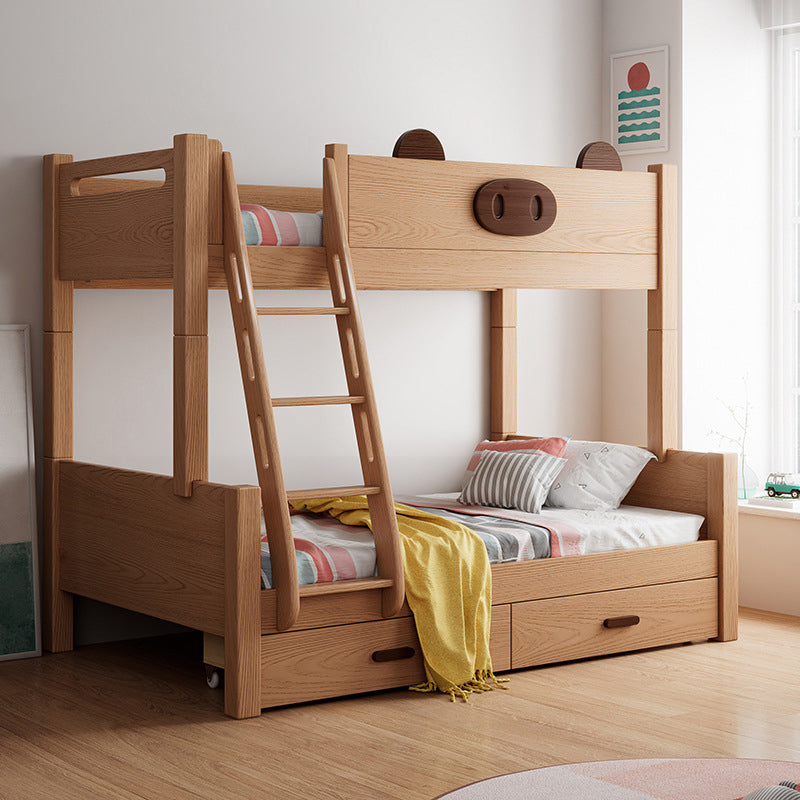 Scandinavian Solid Wood Bunk Bed Panel Brown Beech Kids Bed with Guardrail