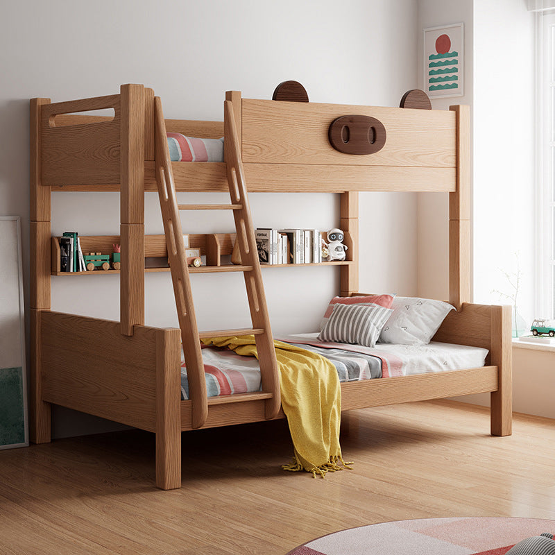 Scandinavian Solid Wood Bunk Bed Panel Brown Beech Kids Bed with Guardrail