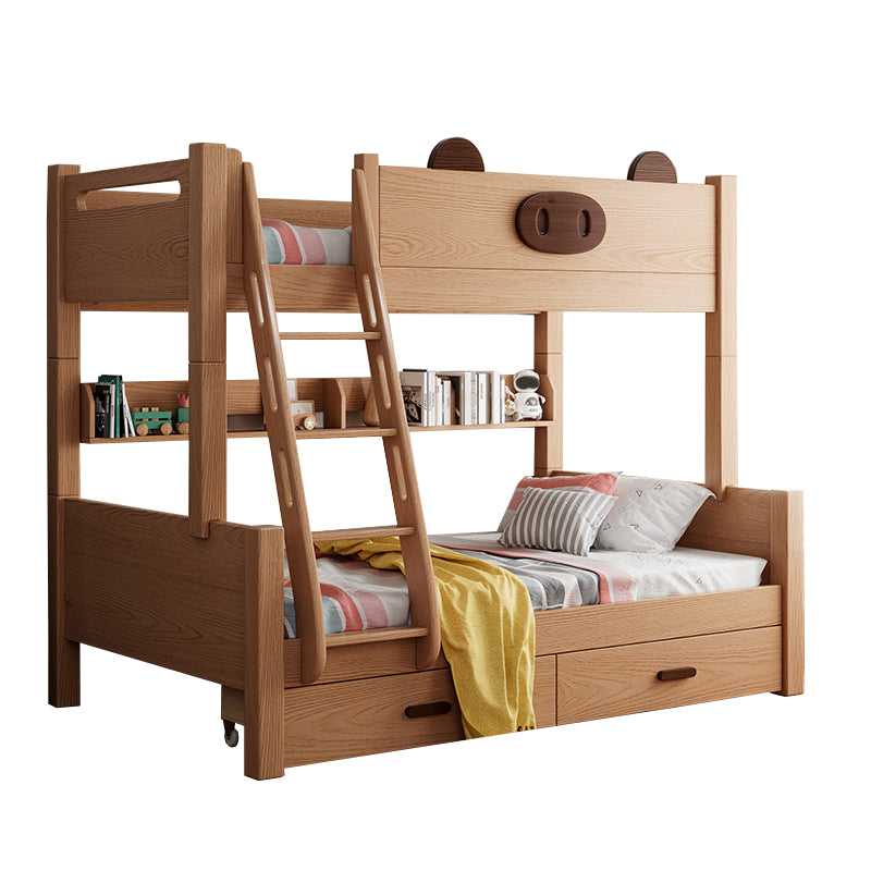 Scandinavian Solid Wood Bunk Bed Panel Brown Beech Kids Bed with Guardrail