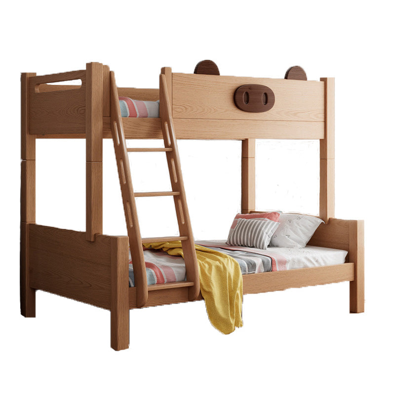 Scandinavian Solid Wood Bunk Bed Panel Brown Beech Kids Bed with Guardrail