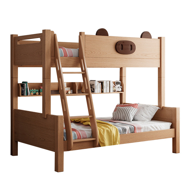 Scandinavian Solid Wood Bunk Bed Panel Brown Beech Kids Bed with Guardrail