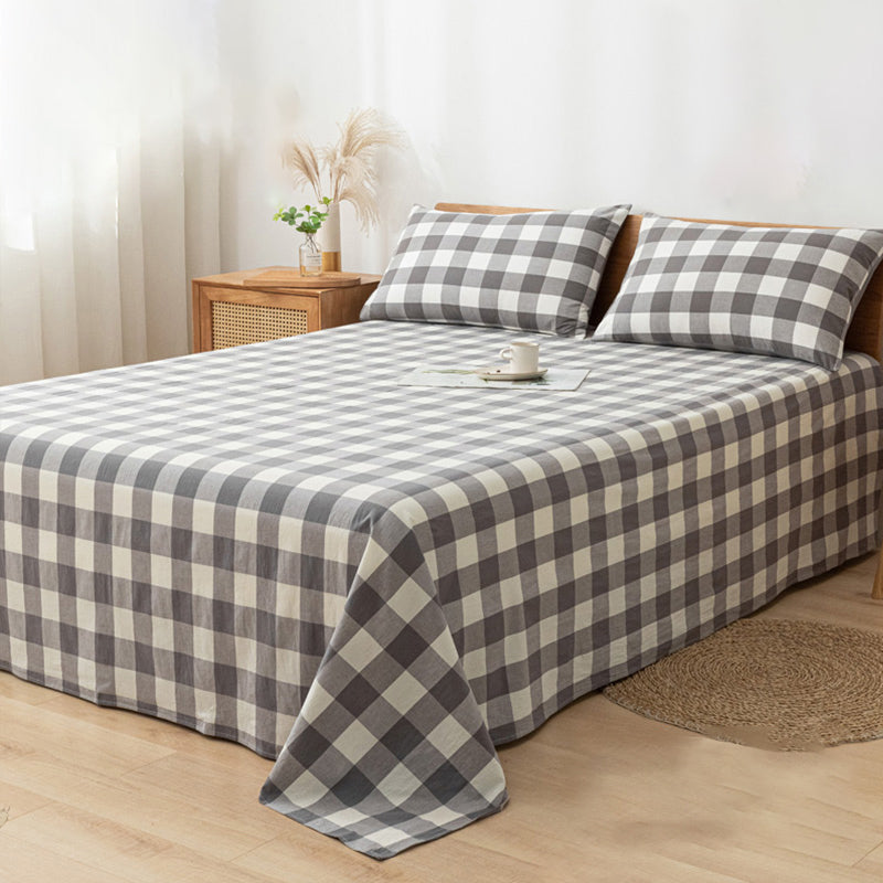 Cotton Sheets Plaid Pattern Breathable Soft Fade Resistant Bed Sheet