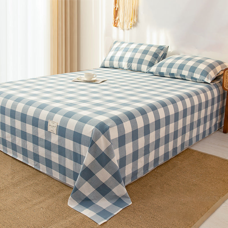 Cotton Sheets Plaid Pattern Breathable Soft Fade Resistant Bed Sheet