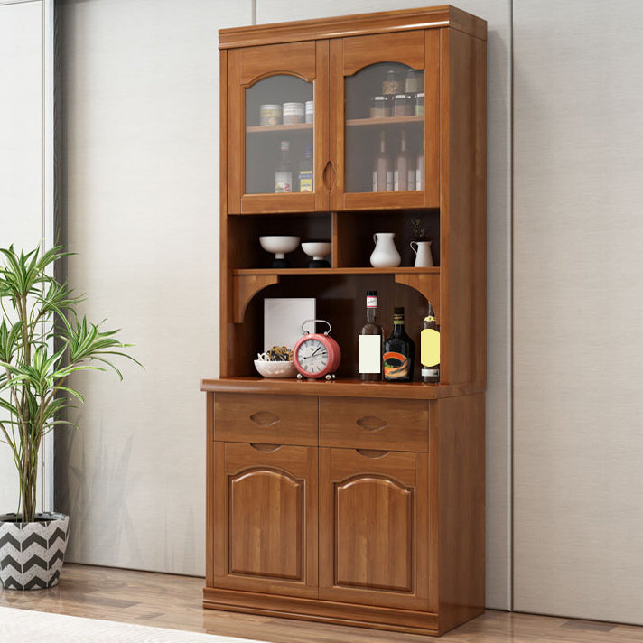 Modern Rubberwood Dining Hutch Glass Doors Hutch Buffet with Drawers for Living Room