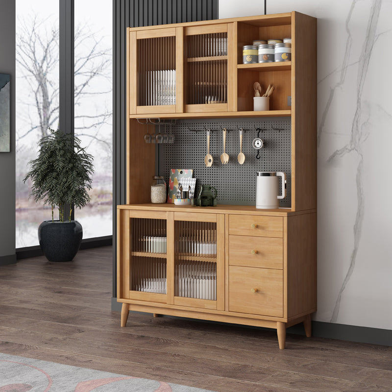 Modern Rubberwood Dining Hutch Glass Doors Hutch Buffet with Drawers