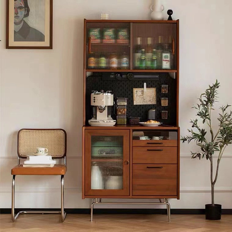 Modern 2-drawer Sideboard Table Brown Pine Solid Wood Credenza with Glass Door