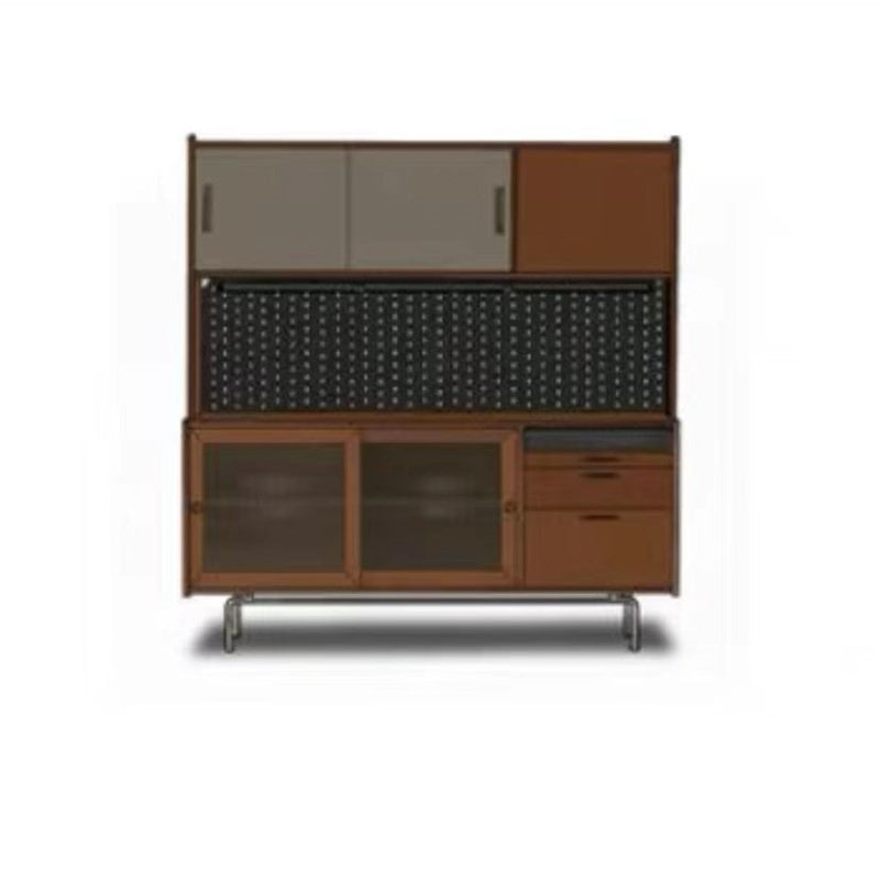 Modern 2-drawer Sideboard Table Brown Pine Solid Wood Credenza with Glass Door