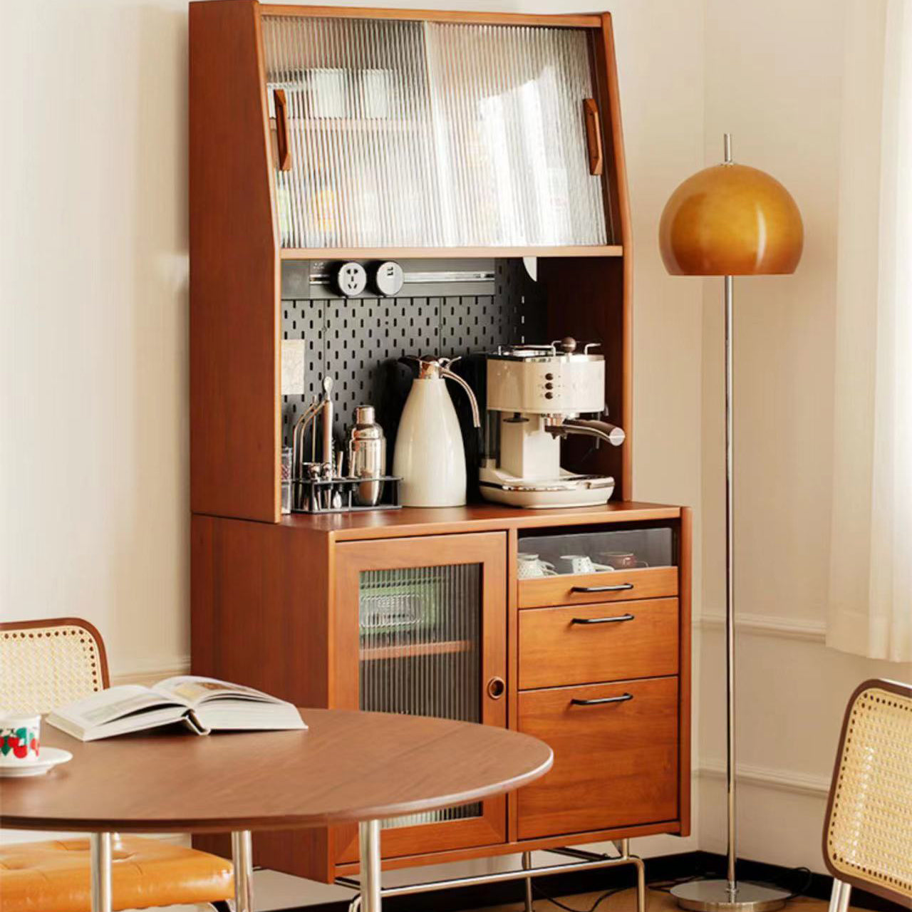 Modern 2-drawer Sideboard Table Brown Pine Solid Wood Credenza with Glass Door