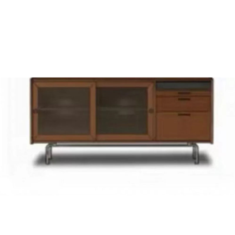 Modern 2-drawer Sideboard Table Brown Pine Solid Wood Credenza with Glass Door