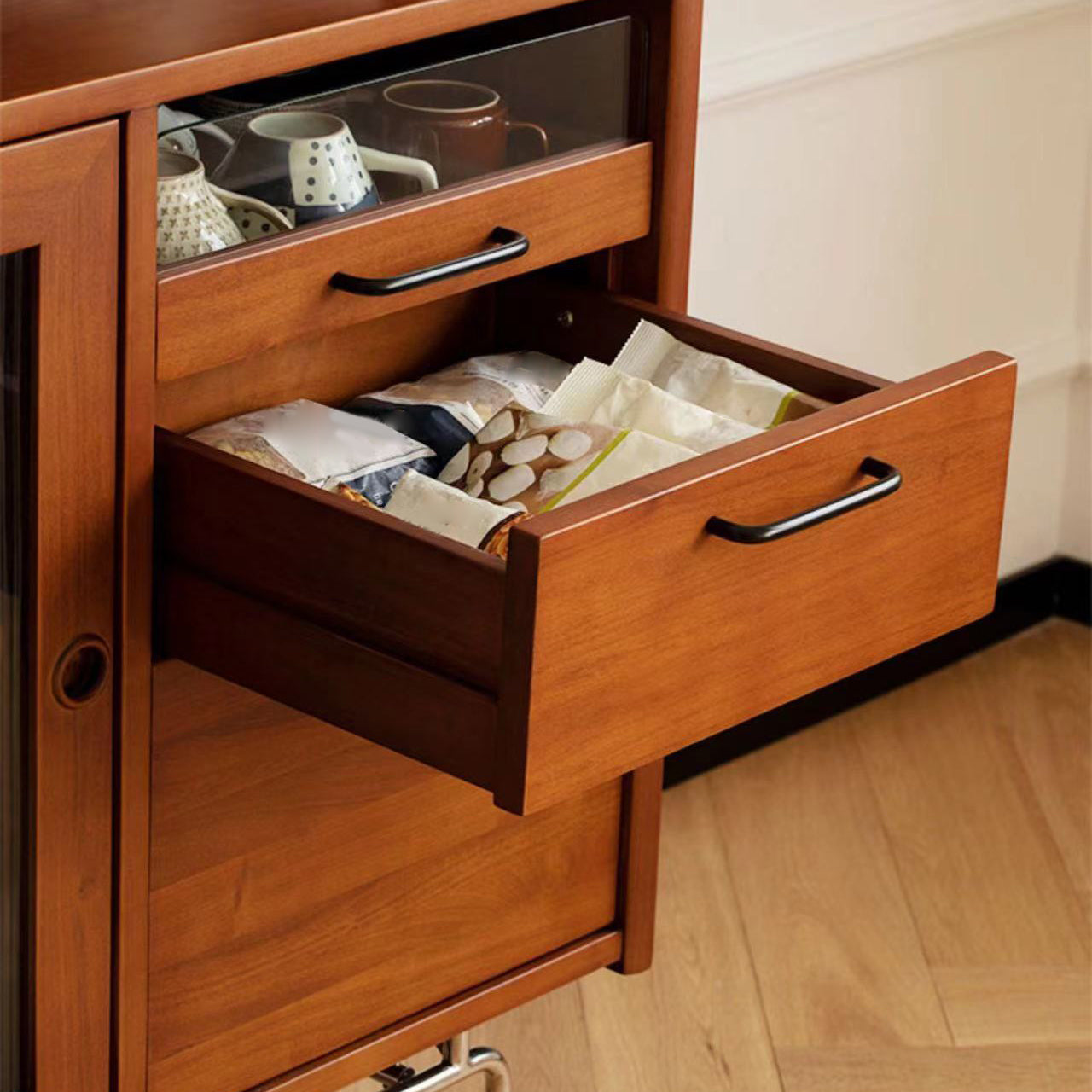 Modern 2-drawer Sideboard Table Brown Pine Solid Wood Credenza with Glass Door