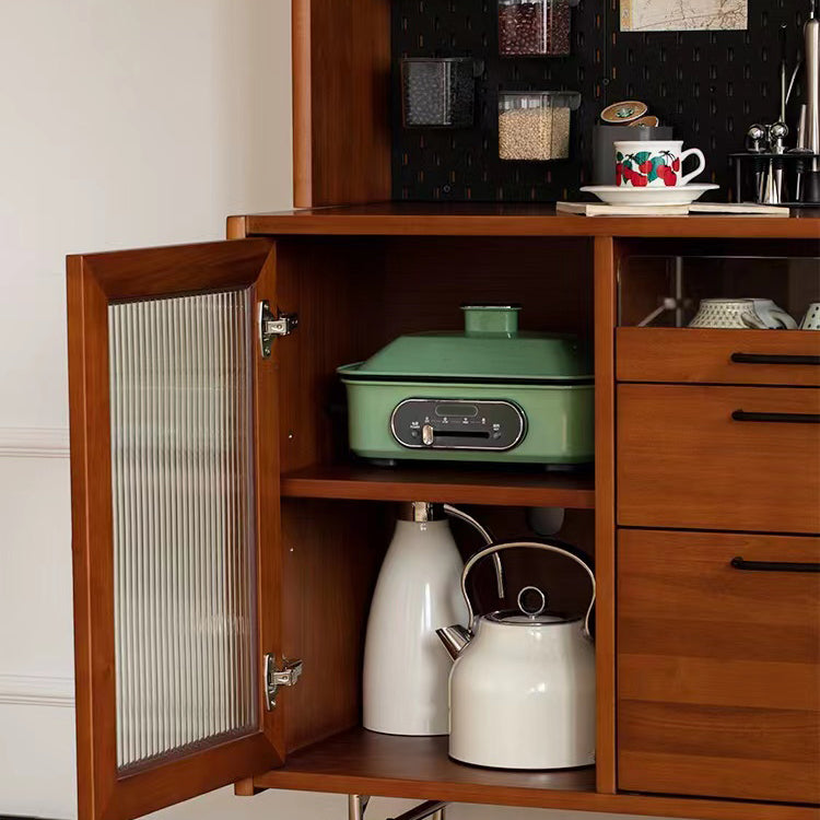 Modern 2-drawer Sideboard Table Brown Pine Solid Wood Credenza with Glass Door