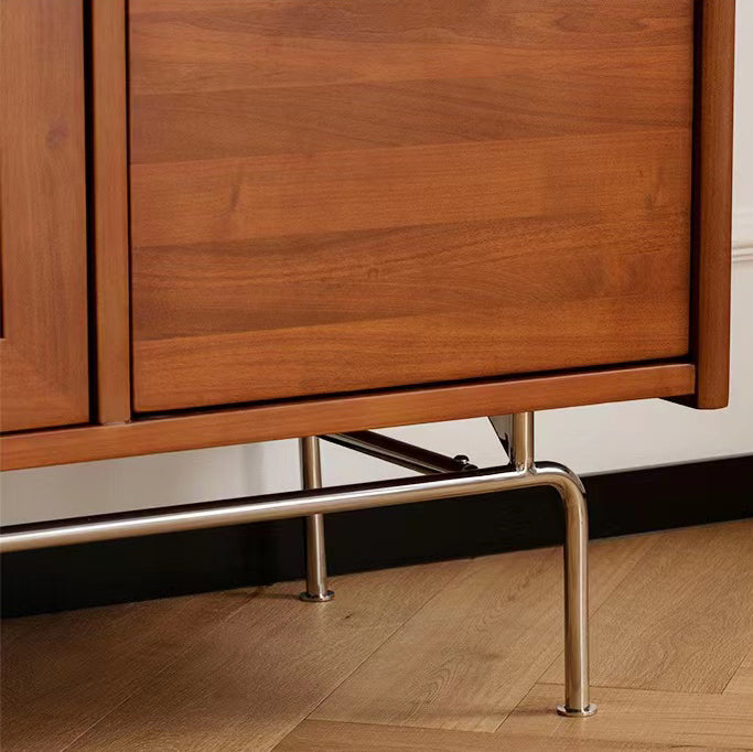 Modern 2-drawer Sideboard Table Brown Pine Solid Wood Credenza with Glass Door