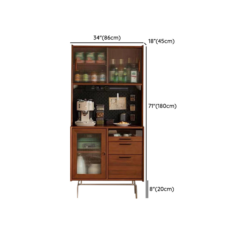 Modern 2-drawer Sideboard Table Brown Pine Solid Wood Credenza with Glass Door