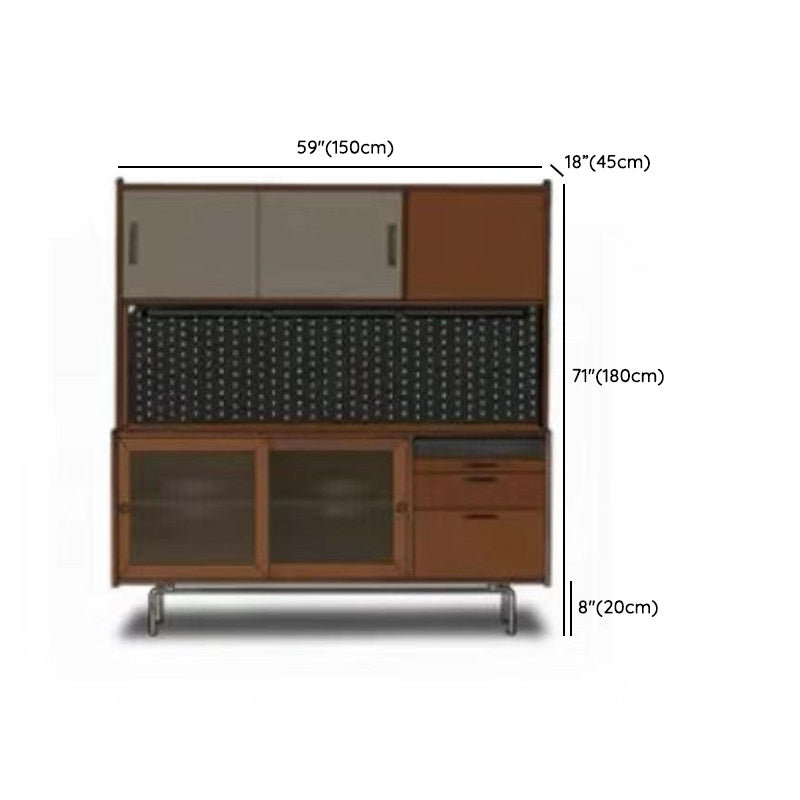 Modern 2-drawer Sideboard Table Brown Pine Solid Wood Credenza with Glass Door