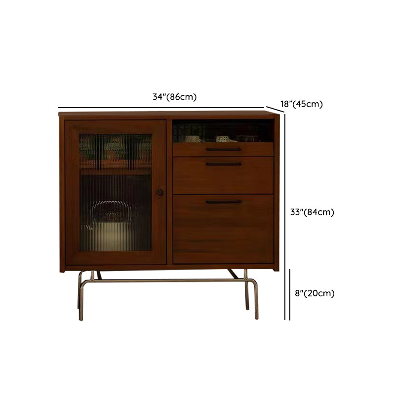 Modern 2-drawer Sideboard Table Brown Pine Solid Wood Credenza with Glass Door