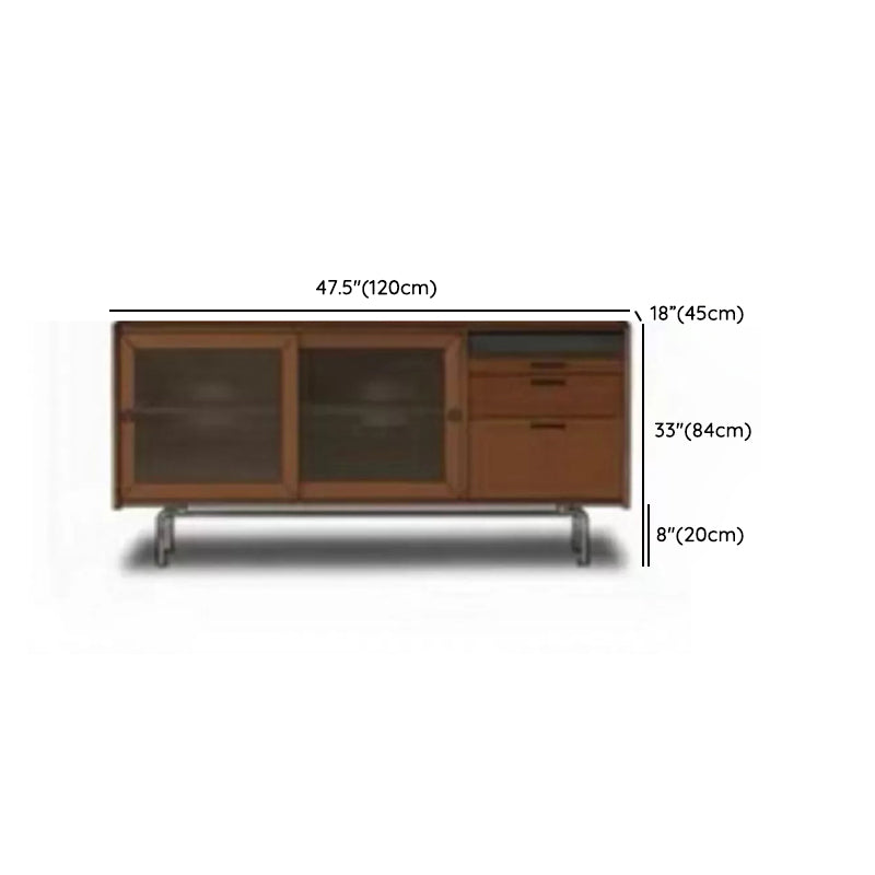 Modern 2-drawer Sideboard Table Brown Pine Solid Wood Credenza with Glass Door