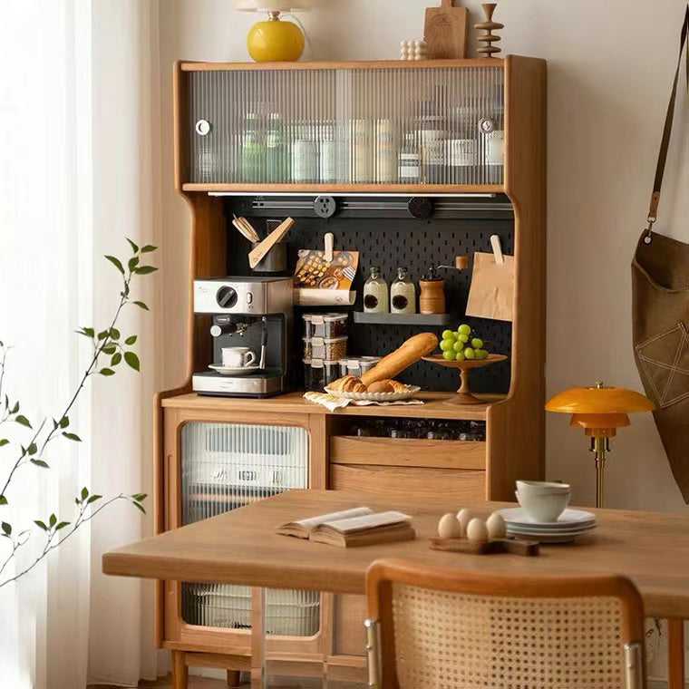 Modern Brown Dining Server Drawer Pine Solid Wood Sideboard with Glass Door