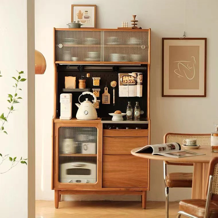 Modern Brown Dining Server Drawer Pine Solid Wood Sideboard with Glass Door