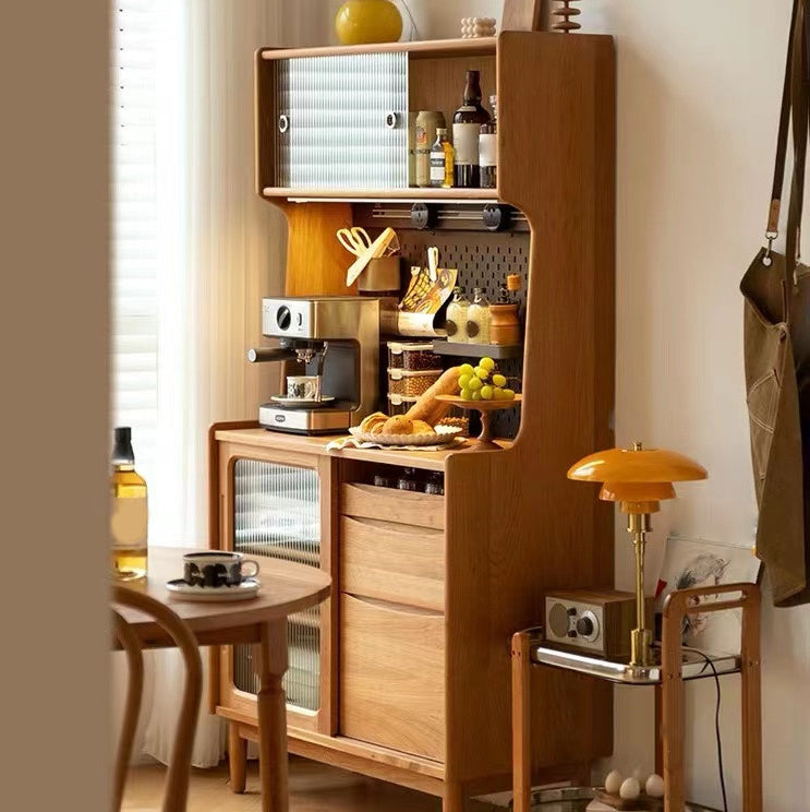 Modern Brown Dining Server Drawer Pine Solid Wood Sideboard with Glass Door