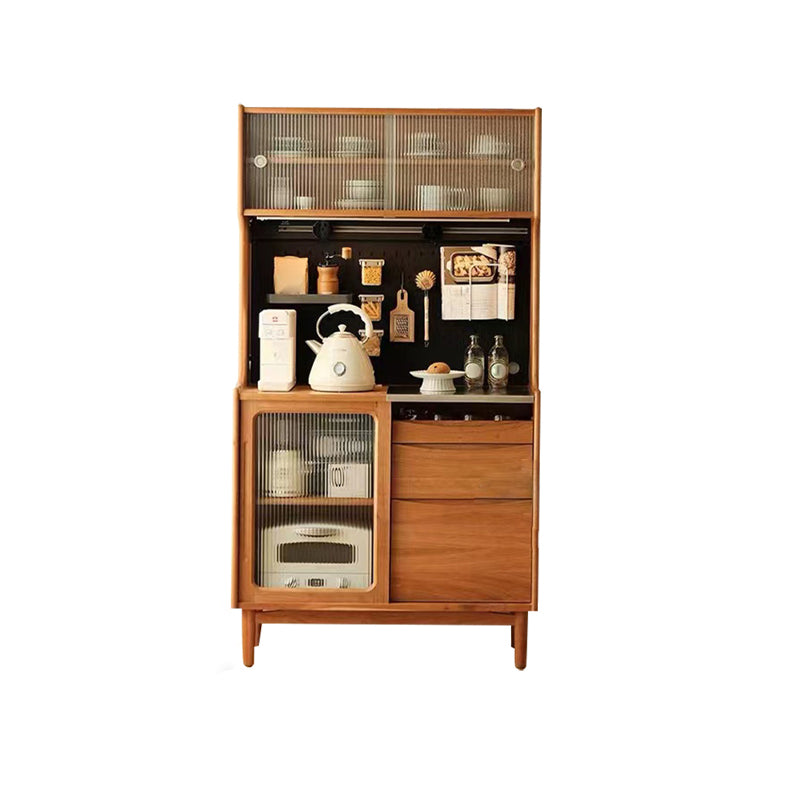 Modern Brown Dining Server Drawer Pine Solid Wood Sideboard with Glass Door