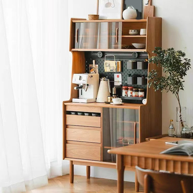 Modern 2 Drawers Sideboard Table Brown Pine Solid Wood Credenza with Sliding Doors