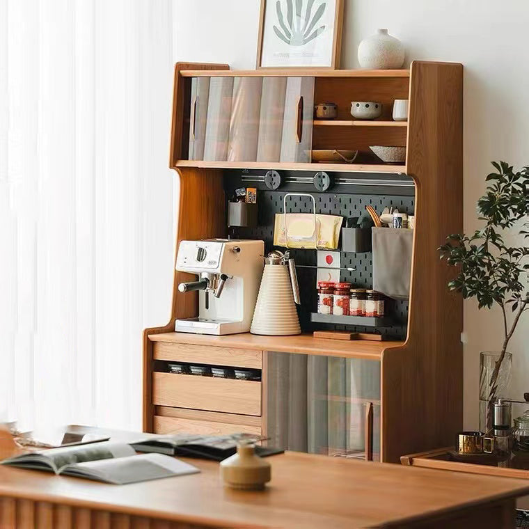 Modern 2 Drawers Sideboard Table Brown Pine Solid Wood Credenza with Sliding Doors