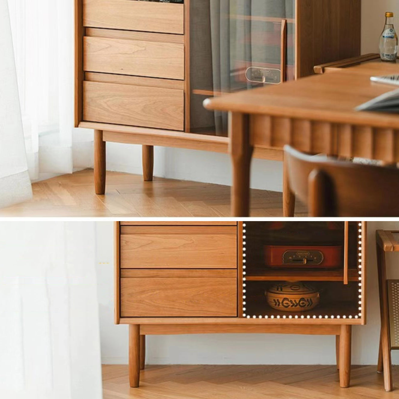 Modern 2 Drawers Sideboard Table Brown Pine Solid Wood Credenza with Sliding Doors