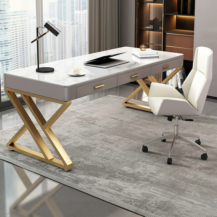 White Glam Writing Desk Rectangular Office Desk with Drawers