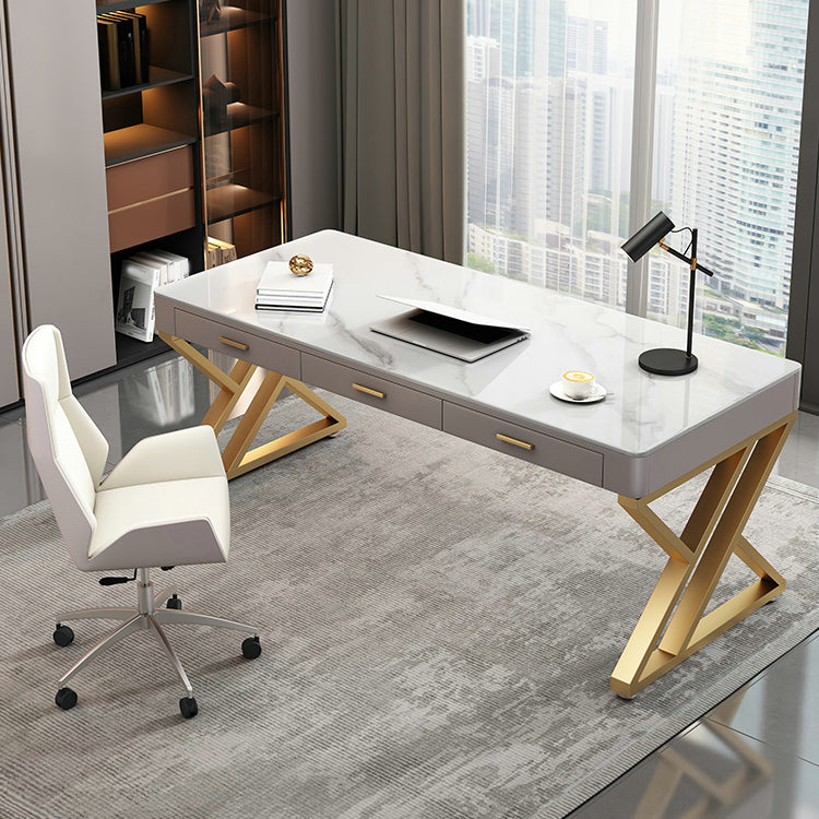 White Glam Writing Desk Rectangular Office Desk with Drawers