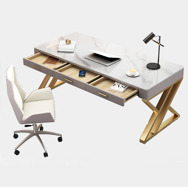 White Glam Writing Desk Rectangular Office Desk with Drawers