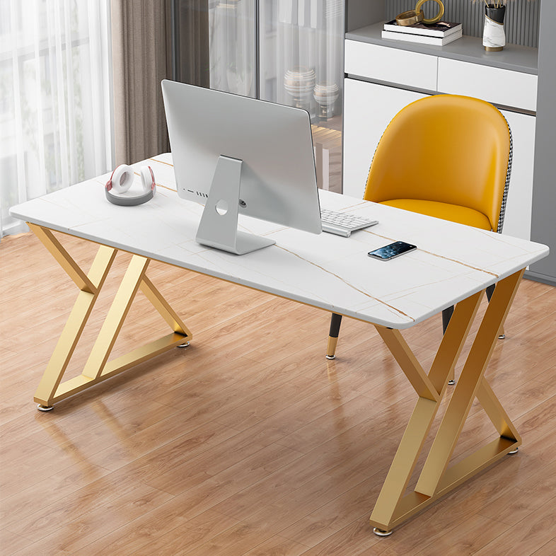 Glam Style Stone Computer Desk Rectangular Office Desk with Metal Legs