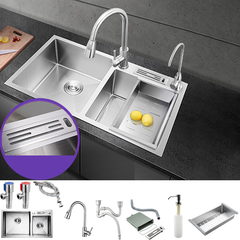 Contemporary Style Kitchen Sink Stainless Steel Double Basin Drop-In Kitchen Sink