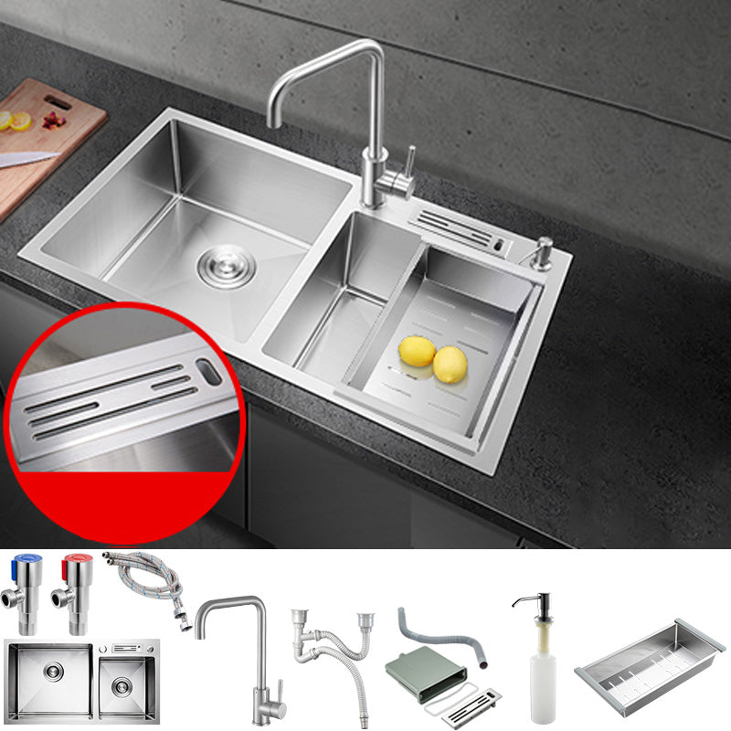 Contemporary Style Kitchen Sink Stainless Steel Double Basin Drop-In Kitchen Sink