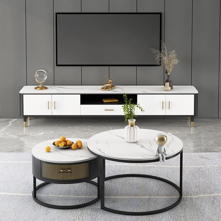 Glam Style TV Stand White Colour Stone TV Console with Open Storage