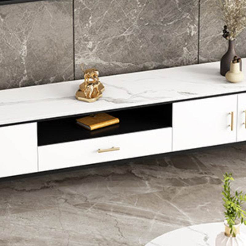 Glam Style TV Stand White Colour Stone TV Console with Open Storage