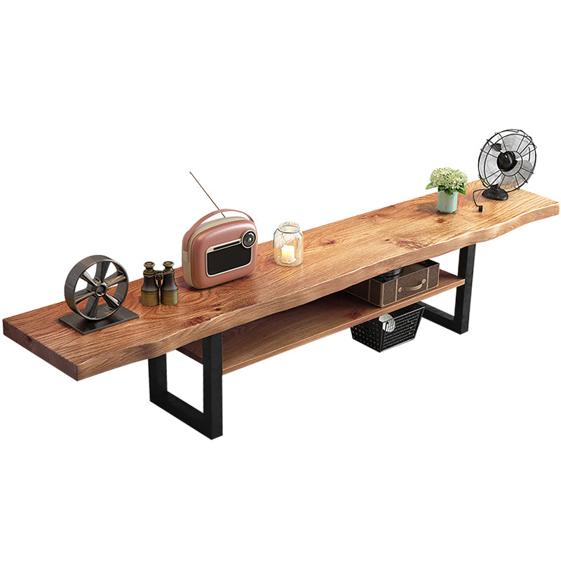 Natural Wood Media Console with Shelves Industrial TV Media Stand, Pine Wood