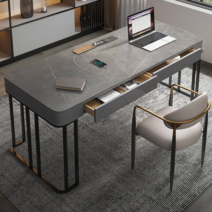 Dark Taupe and Black Office Desk Stone and Stainless Steel Writing Desk with 2 Drawers