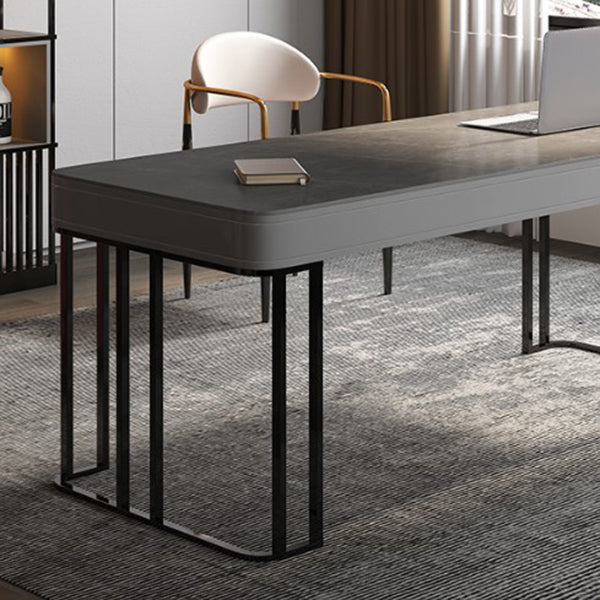 Dark Taupe and Black Office Desk Stone and Stainless Steel Writing Desk with 2 Drawers