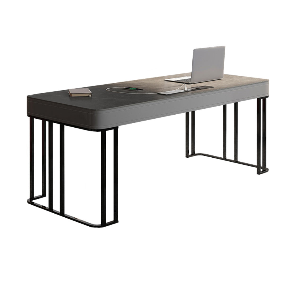 Dark Taupe and Black Office Desk Stone and Stainless Steel Writing Desk with 2 Drawers