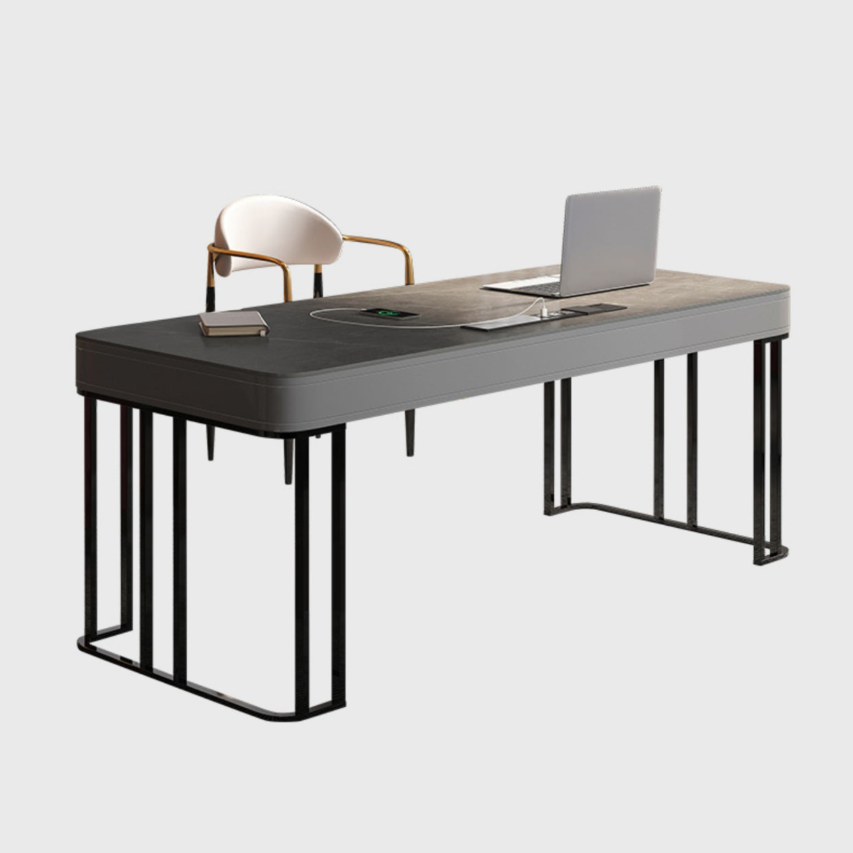 Dark Taupe and Black Office Desk Stone and Stainless Steel Writing Desk with 2 Drawers