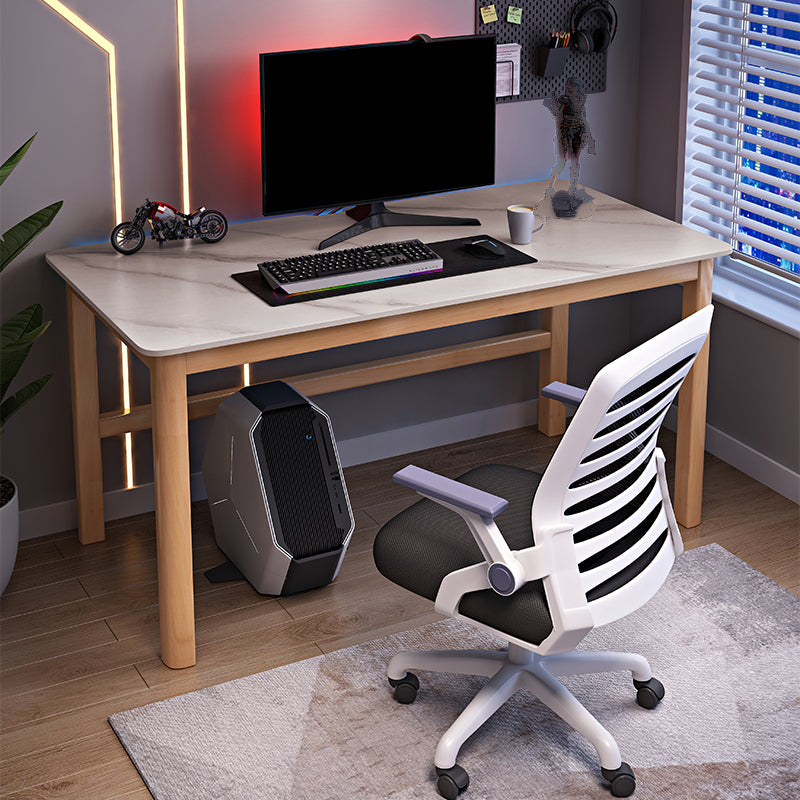 Modern Stone Computer Desk 29.53" Tall Curved Gaming Desk with Wooden Legs