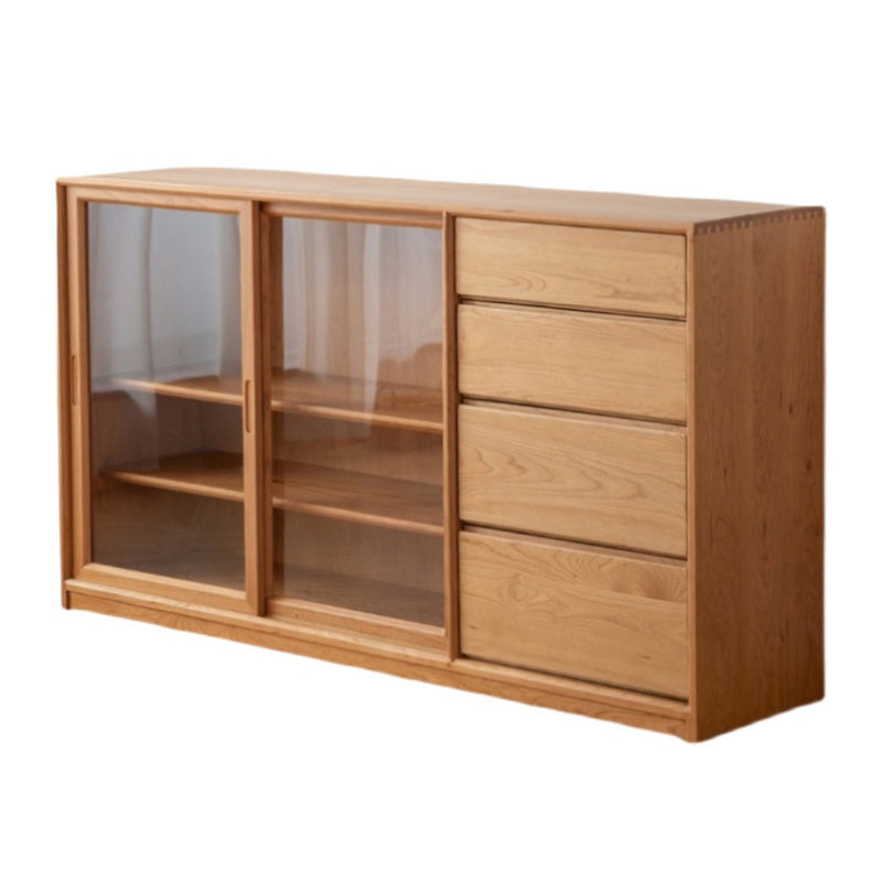 Scandinavian Pine Display Stand Glass Doors Storage Cabinet with Drawers for Living Room