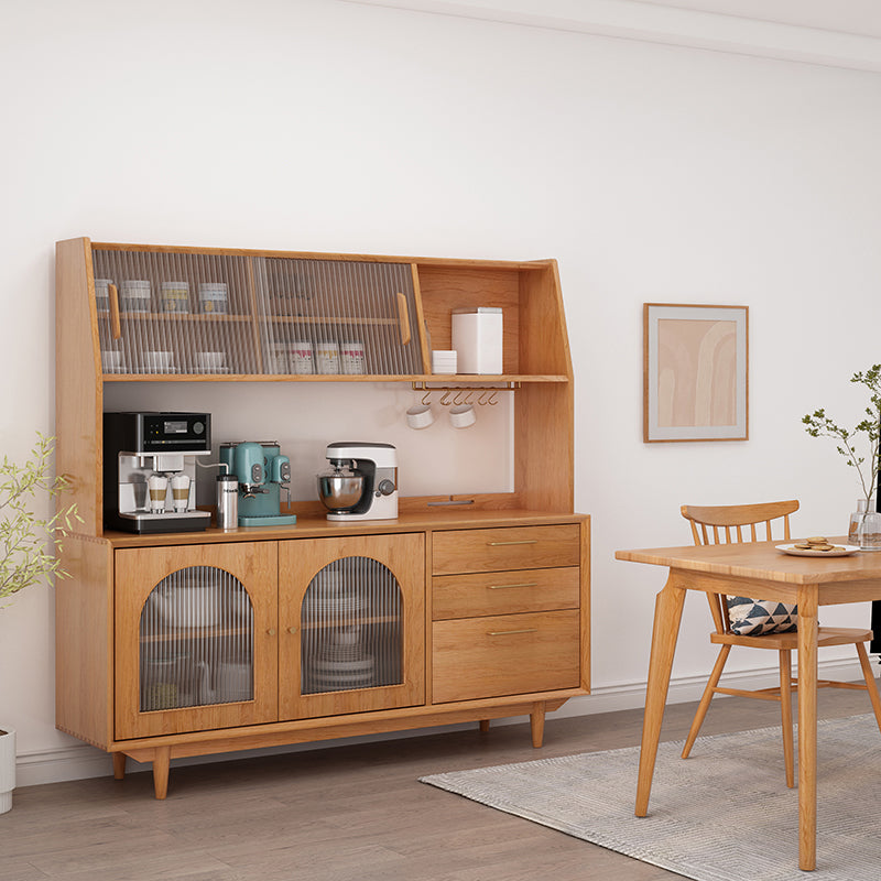 Contemporary Dining Hutch Pine Glass Doors Buffet Cabinet with Drawers