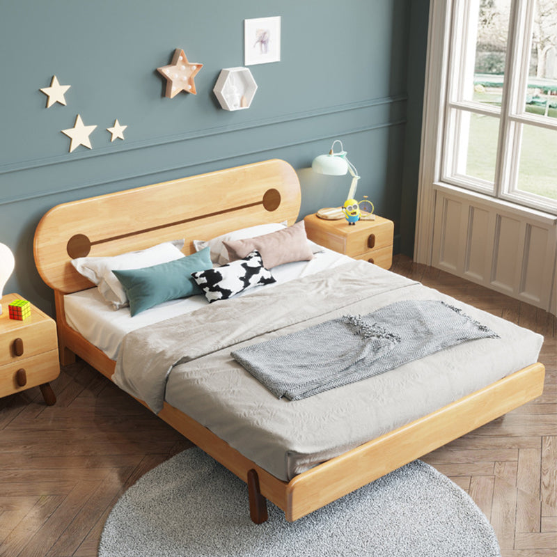 Natural Solid Wood Platform Bed Rubberwood Kids Bed with Headboard