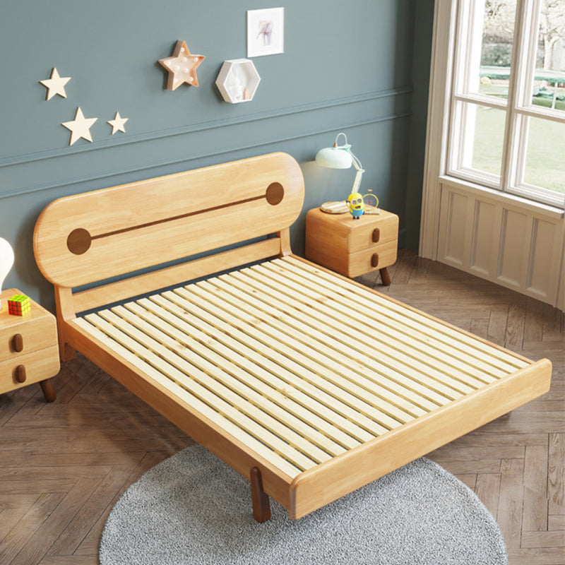 Natural Solid Wood Platform Bed Rubberwood Kids Bed with Headboard