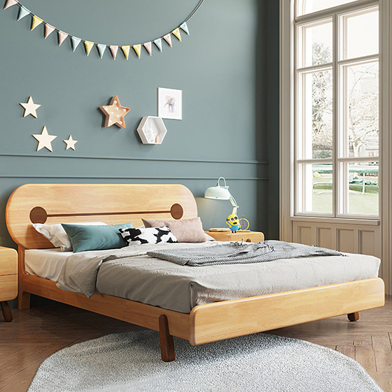 Natural Solid Wood Platform Bed Rubberwood Kids Bed with Headboard